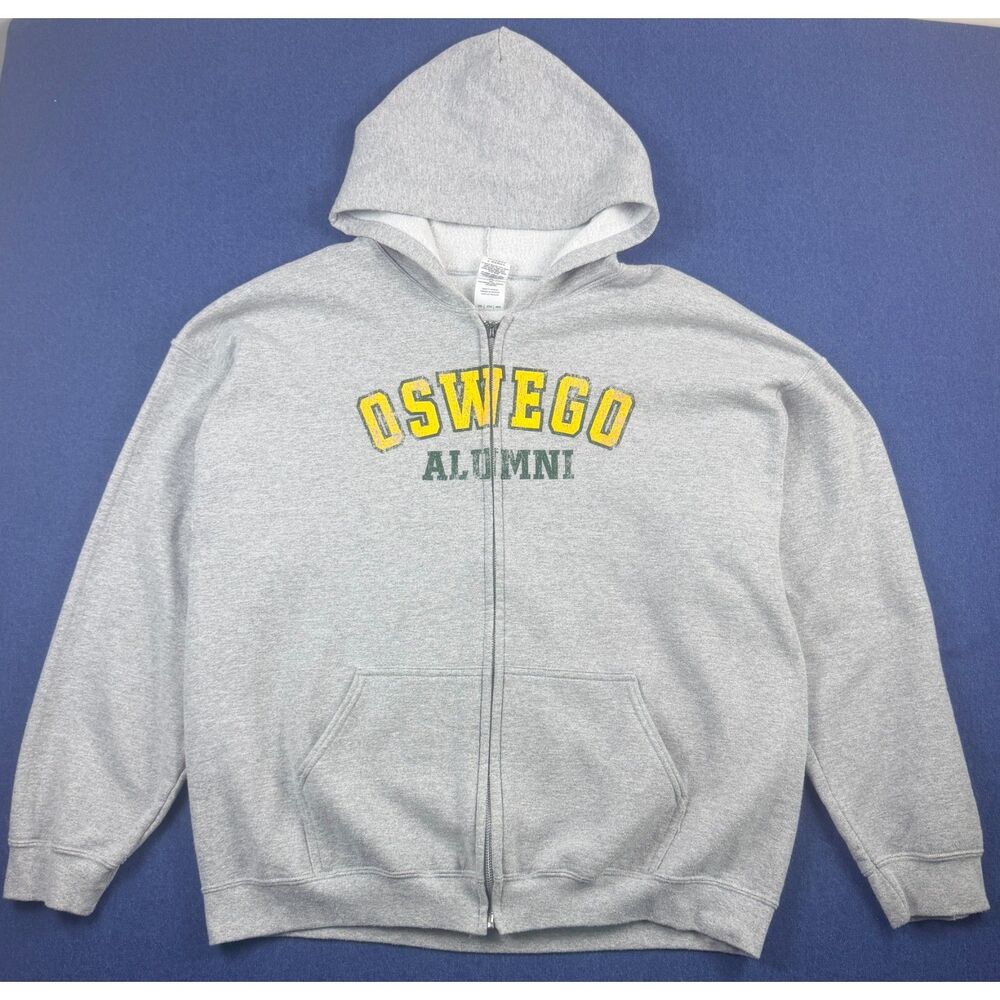 Gildan Heavy Blend SUNY Oswego Alumni Zip Up Hoodie Gray 2XL Flawed